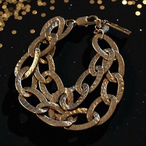 Kenneth Cole Chunky Bracelet Gold Tone‎ Chain Link Hammered Metal Double Strand